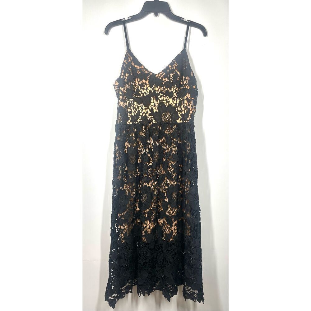 5 Twelve Black Floral Lace Over Nude Long Dress Spaghetti Straps V Neck Women 10
